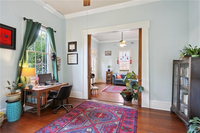 office area with ceiling fan, baseboards, dark wood-style flooring, and crown molding