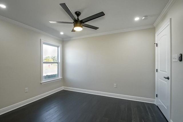 unfurnished room with dark wood-type flooring, crown molding, and ceiling fan