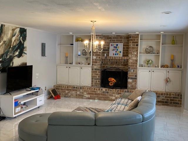 living room with an inviting chandelier, built in features, and a brick fireplace