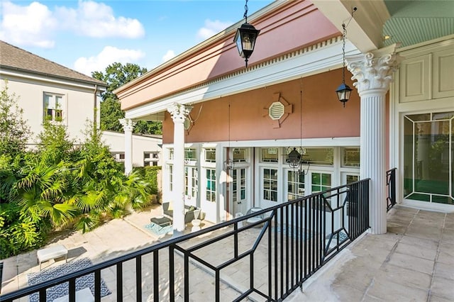 balcony featuring french doors