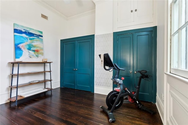 workout area featuring tile walls, crown molding, and dark hardwood / wood-style flooring