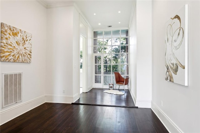 entryway featuring ornamental molding, dark hardwood / wood-style flooring, and expansive windows