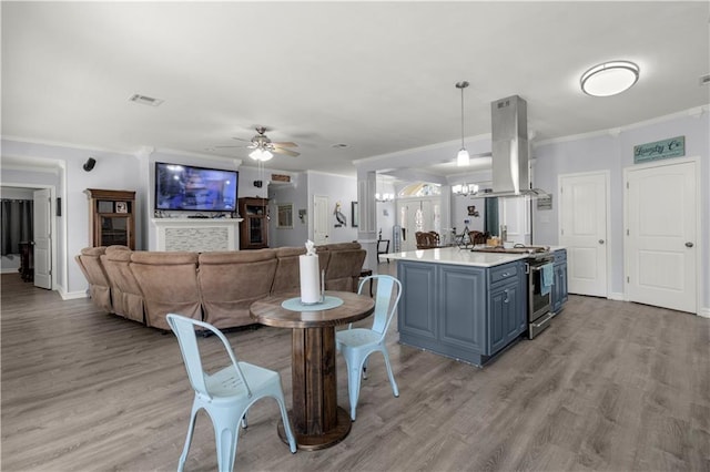 kitchen with island exhaust hood, hanging light fixtures, light hardwood / wood-style flooring, stainless steel range oven, and ceiling fan with notable chandelier