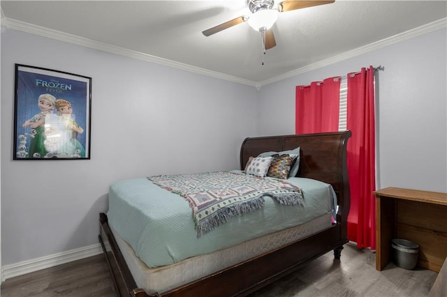 bedroom with crown molding, wood-type flooring, and ceiling fan