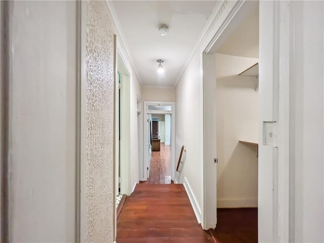 corridor with dark wood-type flooring and ornamental molding