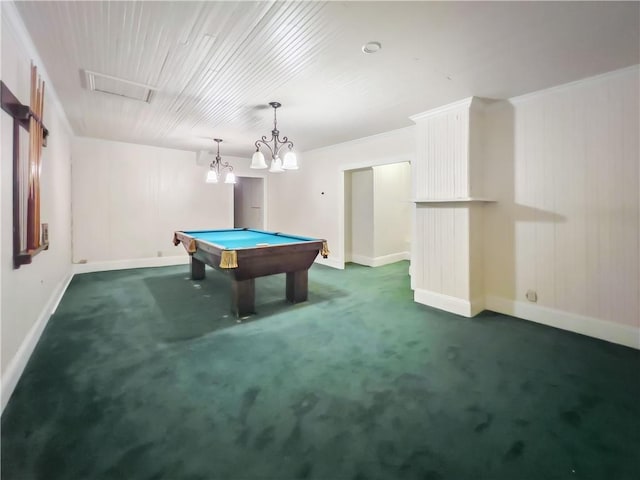 recreation room featuring crown molding, dark colored carpet, and billiards