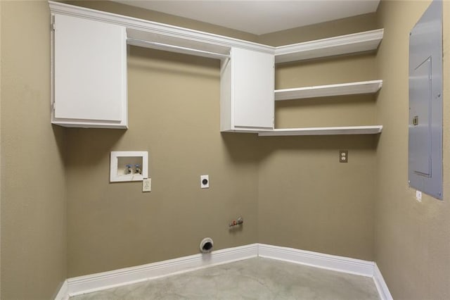 laundry room featuring hookup for an electric dryer, electric panel, cabinets, hookup for a gas dryer, and hookup for a washing machine