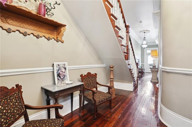 living area featuring crown molding and dark hardwood / wood-style flooring