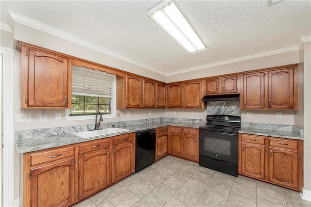 kitchen with black appliances, sink, a textured ceiling, light stone counters, and ornamental molding