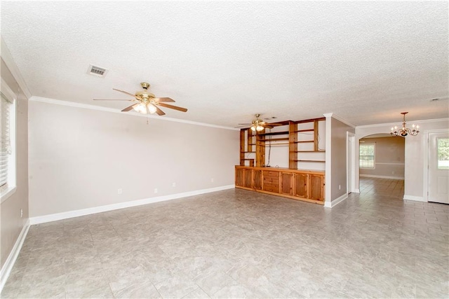 unfurnished living room featuring crown molding, a textured ceiling, and ceiling fan with notable chandelier