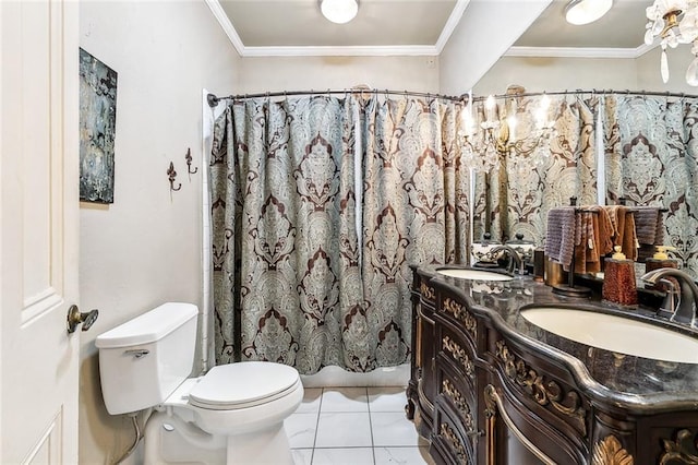 bathroom with vanity, crown molding, and toilet