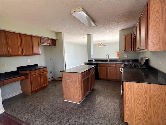 kitchen with black dishwasher, sink, a center island, a textured ceiling, and ceiling fan