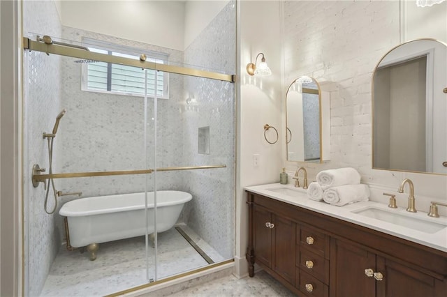 bathroom featuring independent shower and bath, vanity, and tile patterned flooring