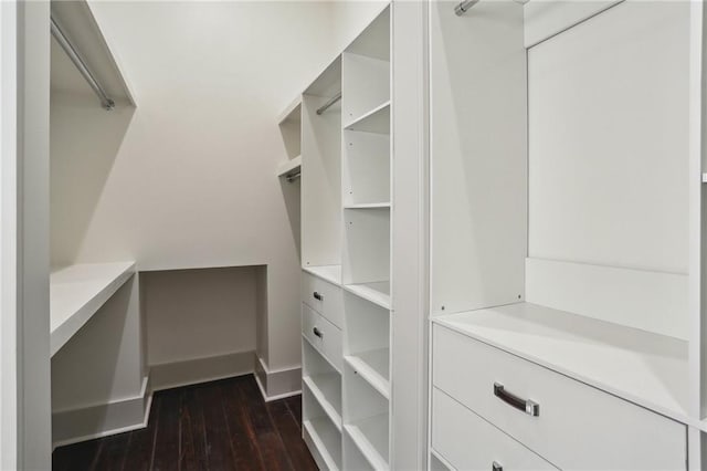 walk in closet with dark hardwood / wood-style floors