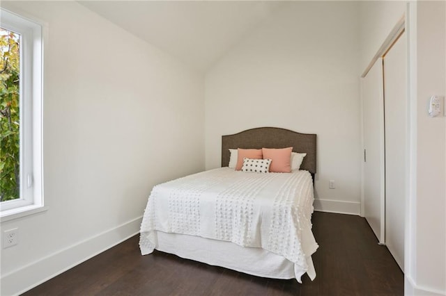 bedroom featuring lofted ceiling and dark hardwood / wood-style flooring