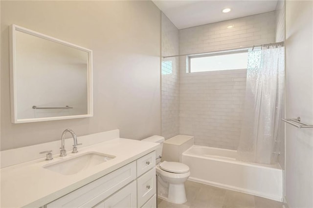 full bathroom with vanity, shower / tub combo with curtain, tile patterned floors, and toilet