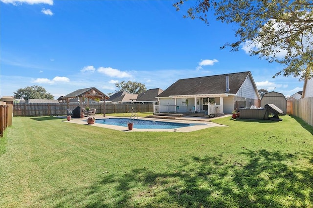 view of pool featuring a patio and a lawn