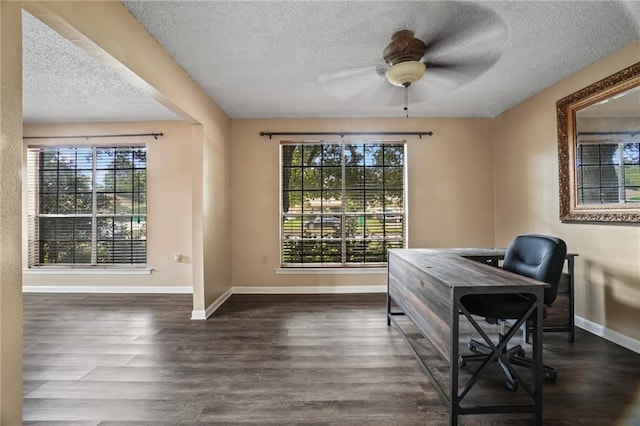 office area with dark wood-type flooring, ceiling fan, and a textured ceiling