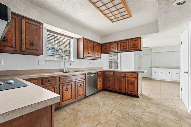 kitchen featuring kitchen peninsula, stainless steel dishwasher, sink, and a wealth of natural light