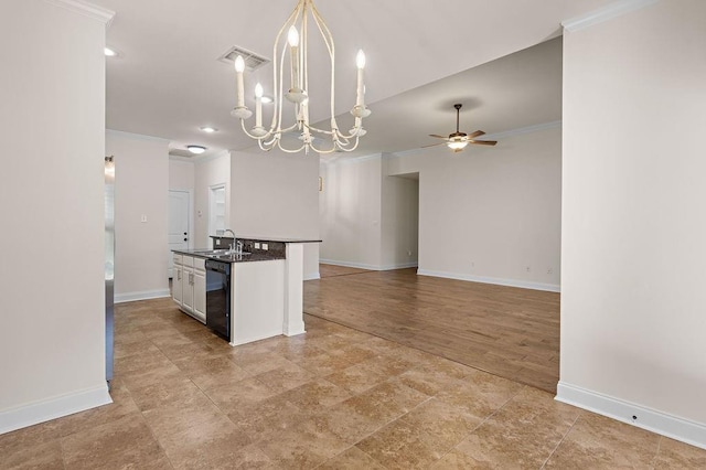 kitchen with white cabinetry, dishwasher, light hardwood / wood-style floors, decorative light fixtures, and ornamental molding