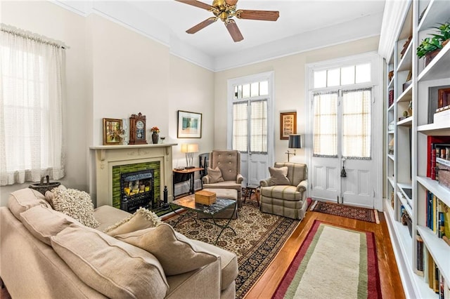 living area featuring crown molding, dark wood-type flooring, and ceiling fan