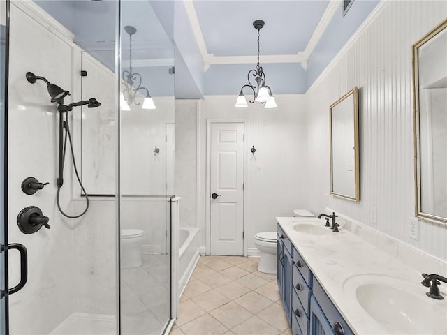 bathroom featuring a shower with door, tile patterned floors, toilet, ornamental molding, and a notable chandelier