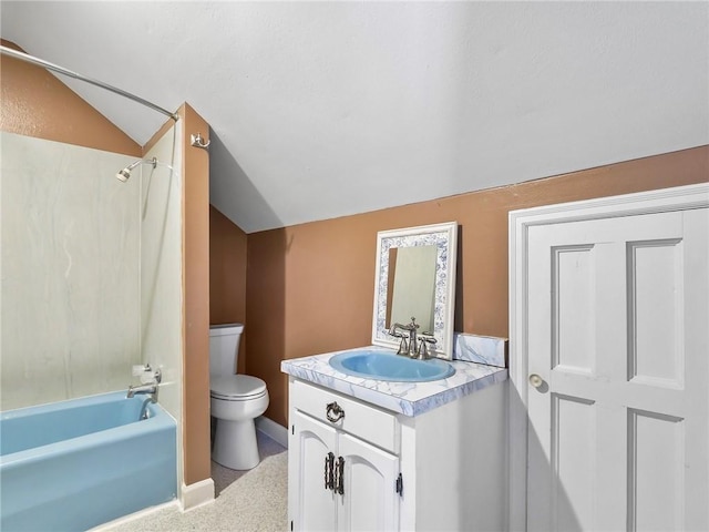 full bathroom featuring toilet, shower / tub combination, vanity, and vaulted ceiling