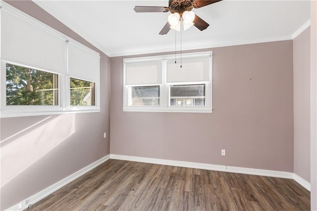 unfurnished room with ornamental molding, hardwood / wood-style flooring, and ceiling fan