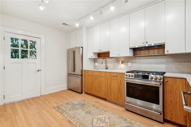 kitchen featuring light wood-style flooring, under cabinet range hood, light countertops, appliances with stainless steel finishes, and visible vents