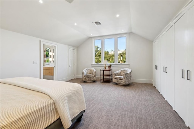 carpeted bedroom with lofted ceiling, recessed lighting, and baseboards