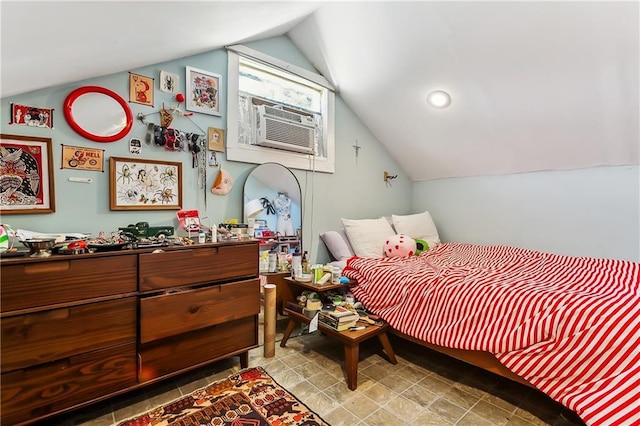 bedroom featuring cooling unit and vaulted ceiling