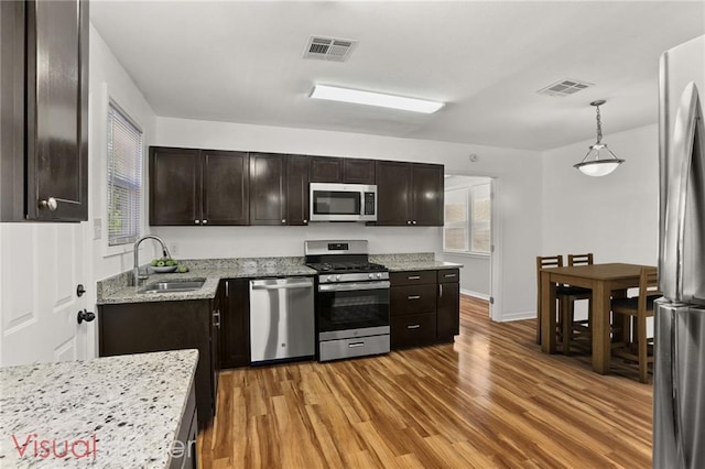 kitchen with sink, dark brown cabinets, hardwood / wood-style flooring, pendant lighting, and stainless steel appliances