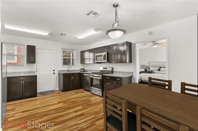 kitchen with hanging light fixtures, appliances with stainless steel finishes, dark brown cabinetry, and light hardwood / wood-style floors