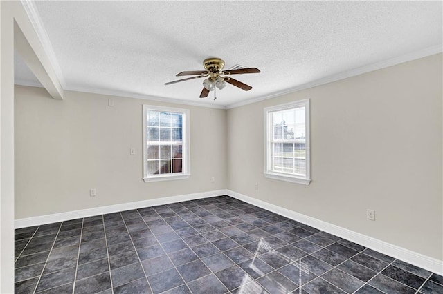 tiled spare room with ornamental molding, ceiling fan, a textured ceiling, and a healthy amount of sunlight