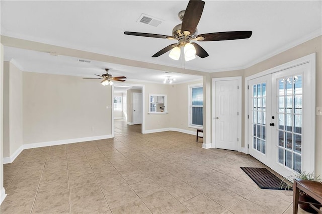 interior space with ceiling fan, light tile patterned floors, french doors, and ornamental molding