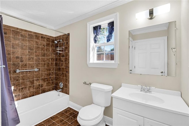 full bathroom with tile patterned floors, toilet, tiled shower / bath combo, ornamental molding, and vanity