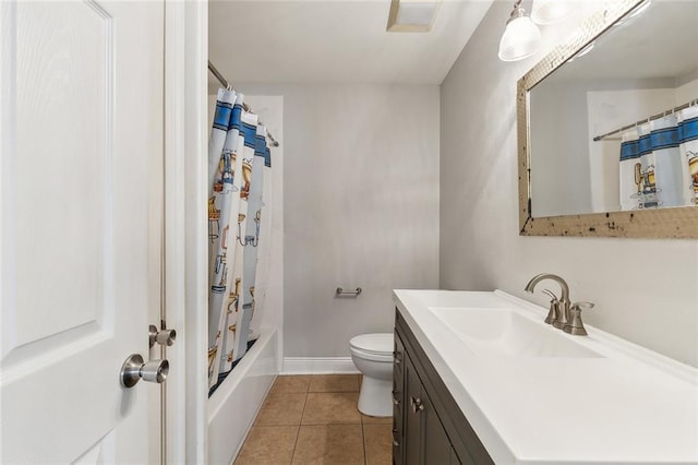 full bathroom with vanity, shower / tub combo with curtain, toilet, and tile patterned floors