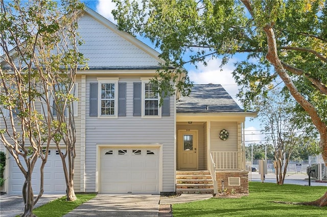 view of front of house with a front yard and a garage