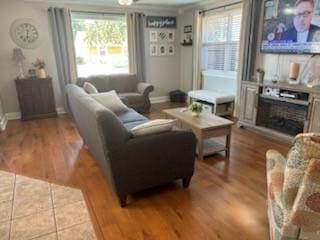 living room with plenty of natural light and hardwood / wood-style floors