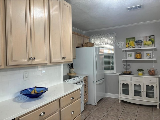 kitchen featuring white appliances, light brown cabinetry, light tile patterned flooring, decorative backsplash, and ornamental molding