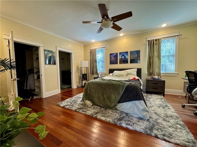 bedroom featuring crown molding, a walk in closet, dark hardwood / wood-style floors, and ceiling fan