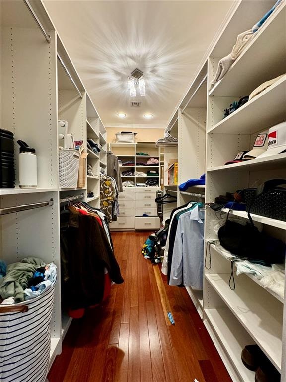 walk in closet with dark wood-type flooring