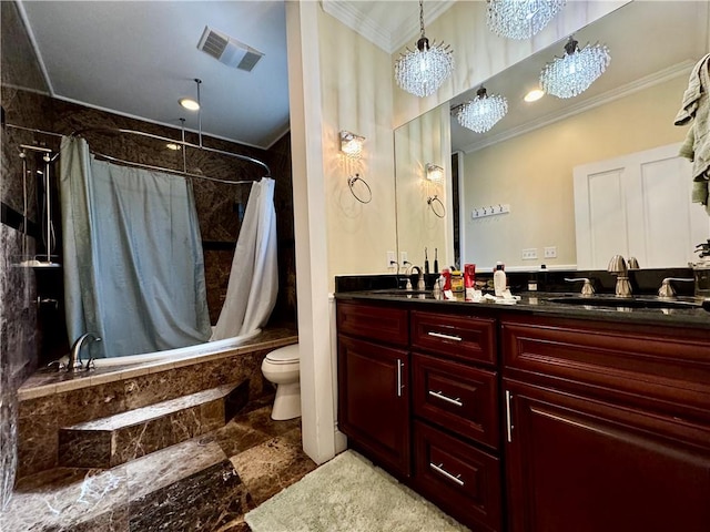 full bathroom featuring shower / tub combo, toilet, vanity, a notable chandelier, and ornamental molding