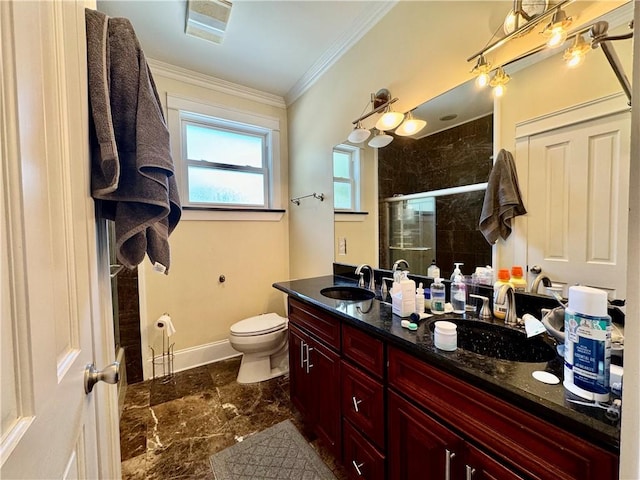 bathroom with vanity, a shower with shower door, ornamental molding, and toilet