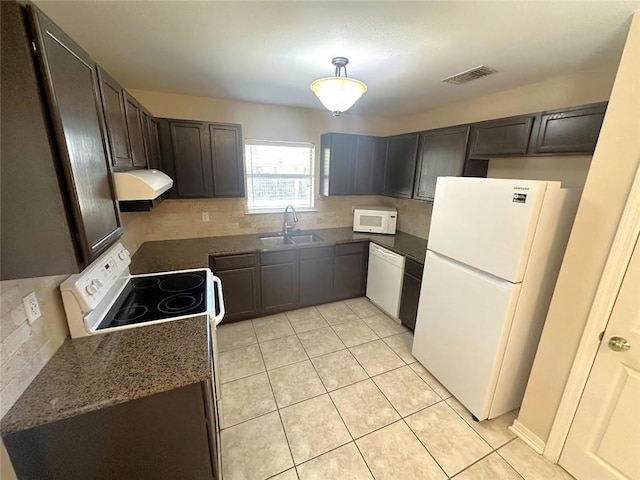 kitchen featuring tasteful backsplash, sink, white appliances, and dark brown cabinets