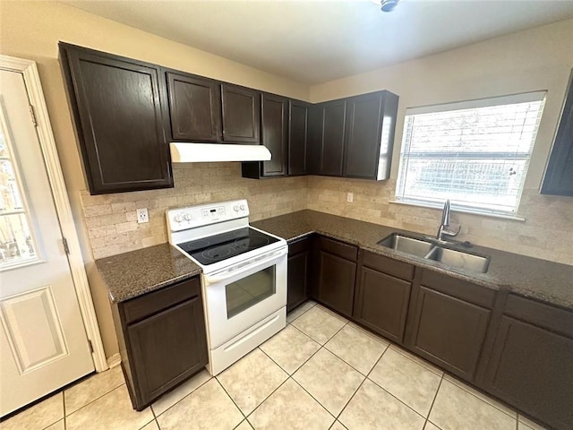 kitchen featuring dark brown cabinetry, sink, white range with electric stovetop, and decorative backsplash