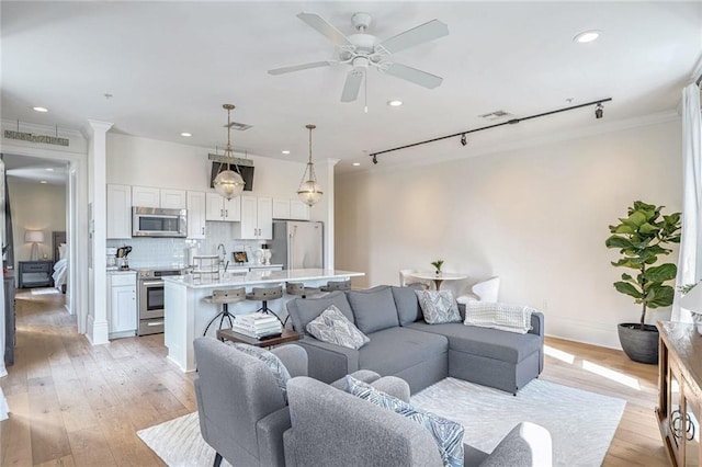 living room featuring ornamental molding, rail lighting, light wood-type flooring, and ceiling fan