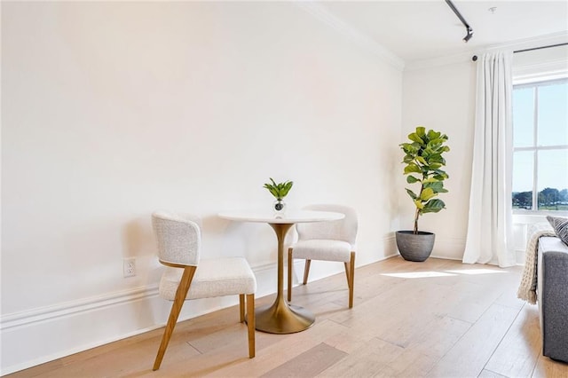 sitting room with rail lighting, light hardwood / wood-style floors, and ornamental molding