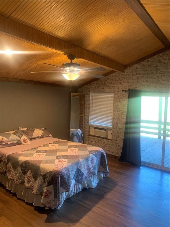 bedroom with access to outside, lofted ceiling with beams, wood-type flooring, and ceiling fan