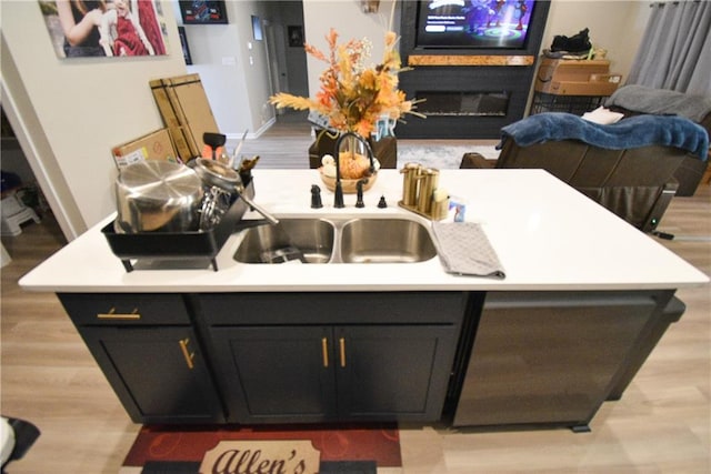 kitchen with sink, an island with sink, and light hardwood / wood-style floors